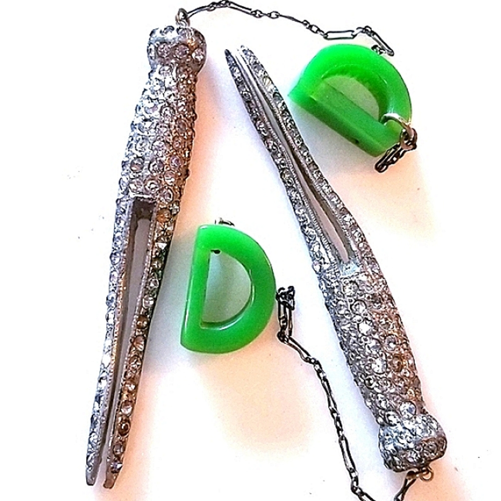Antique Silver Crystal Dress Clip Set With Bakelite Initials Genuine Art Deco